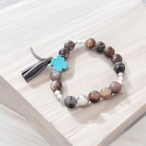 Brown and Turquoise Cross Bracelet with Tassles